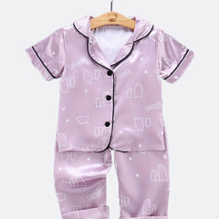 2pcs Bear Pattern Kid's Satin Pajamas Set Short Sleeve Button Front Top & Pants