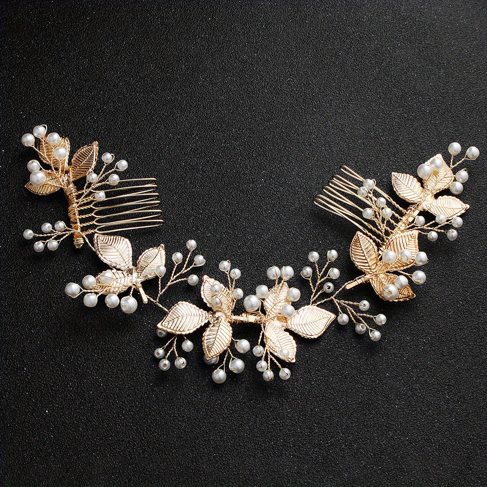 Leaf & Faux Pearl Hair Comb Bridal Wedding Headwear Hair Styling Accessory