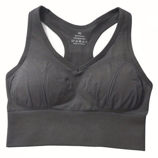 Sports Bra Women's Plus Solid Ribbed Round Neck Seamless Stretch Bra
