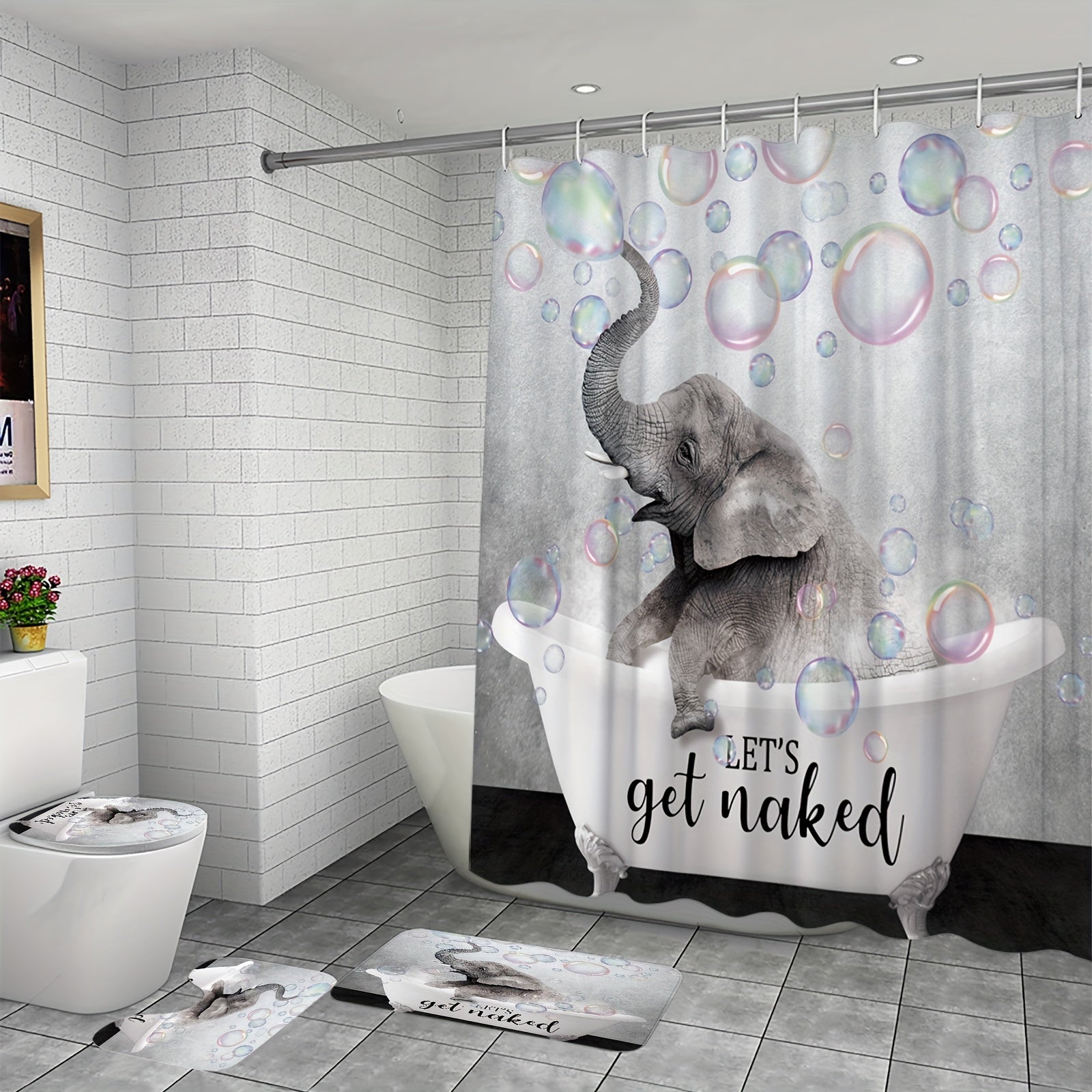 Waterproof Elephant Shower Curtain Set with Memory Foam Mat and Non Slip Rug