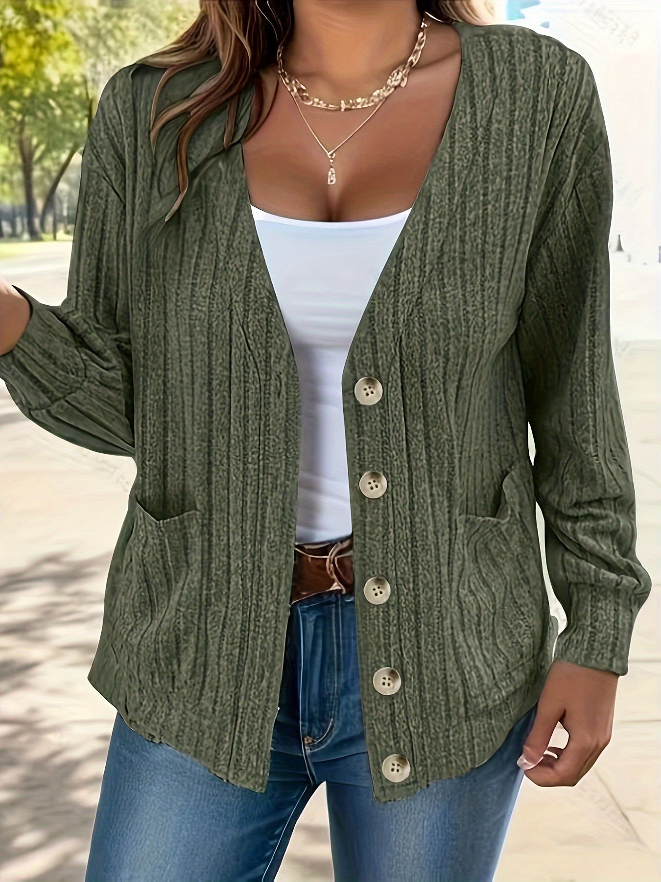 Solid Long Sleeve Knit Cardigan With Pockets