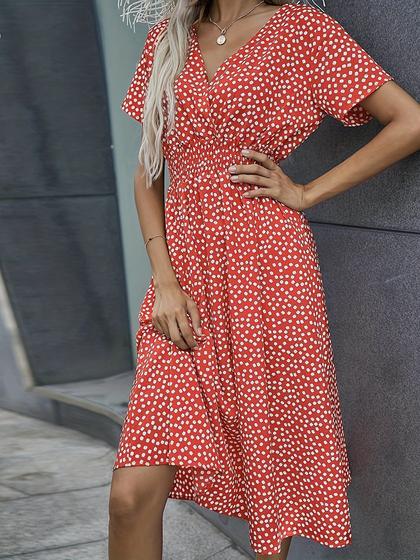 Floral Print Vacation Dress Short Sleeve V Neck Casual Dress