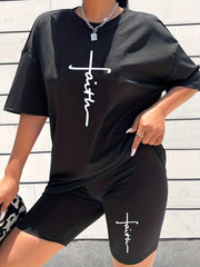 2pcs Summer Sports Suits Crew Neck T-shirt & Shorts Women's Activewear