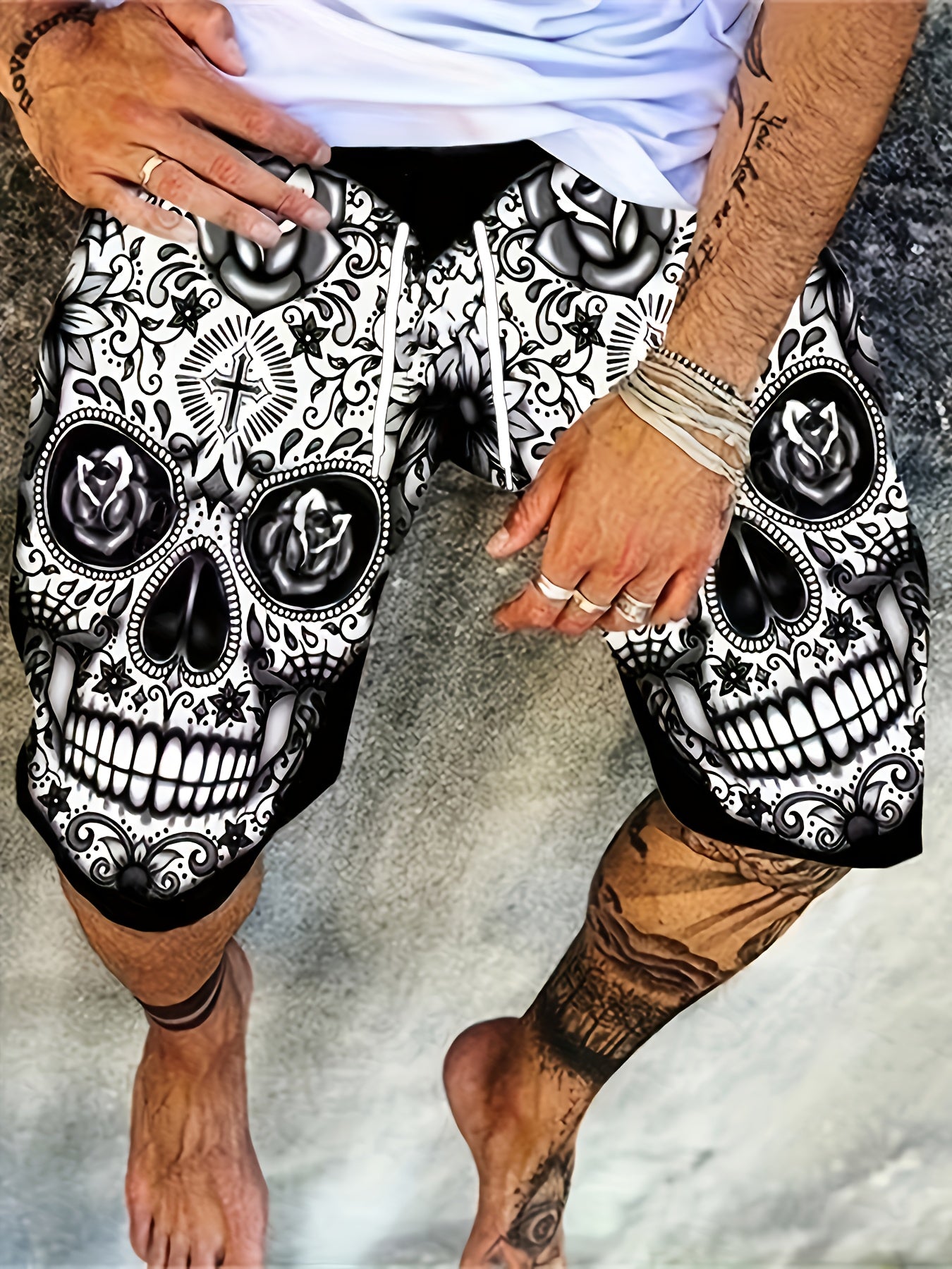 Men's Floral Skull Graphic Shorts 3D Print Elastic Waist Summer Outdoor Wear