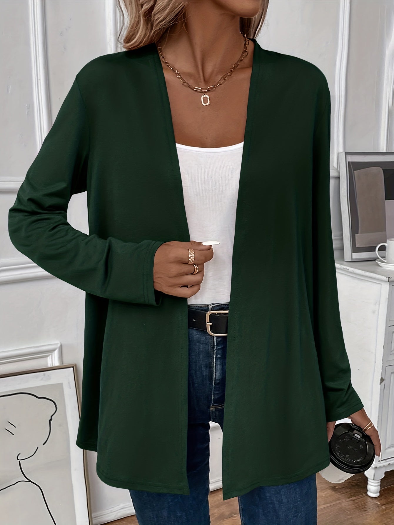 Solid Knit Cardigan Long Sleeve Open Front Casual Cardigan