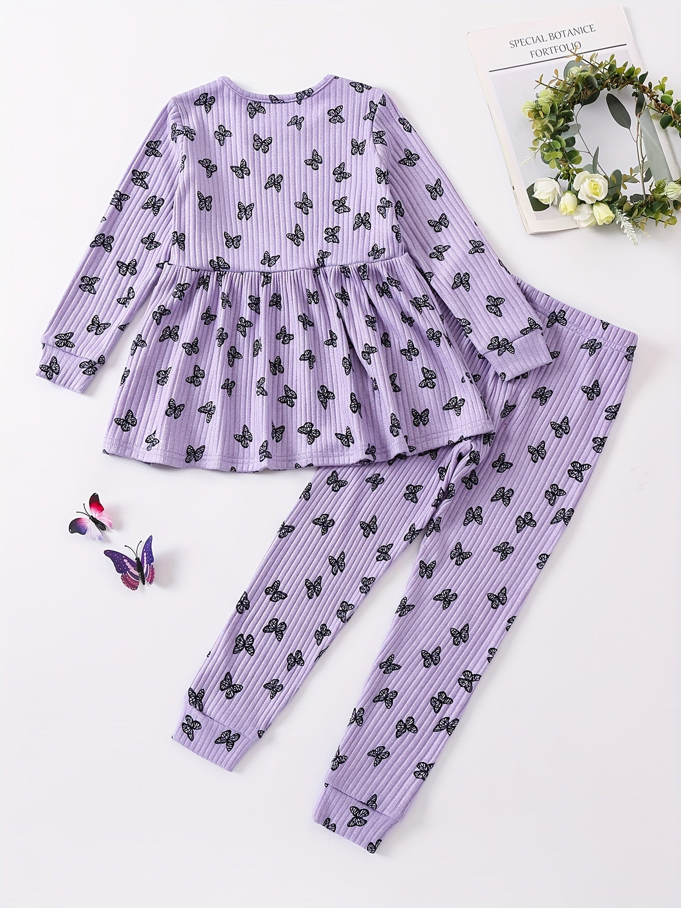 Girls' Love Heart Print 2pcs Long Sleeve Top & Pants Set