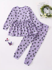 Girls' Love Heart Print 2pcs Long Sleeve Top & Pants Set