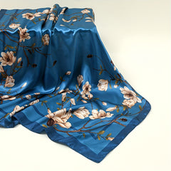 Magnolia Print Square Scarf Vintage Silky Bandana Woman Neckerchief