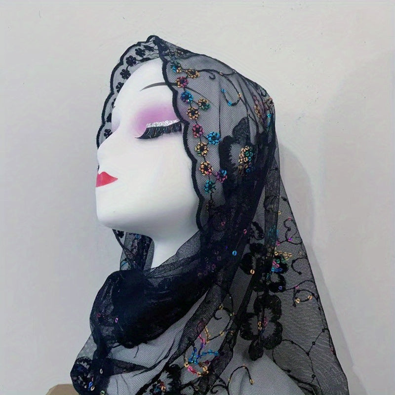 Flower Embroidery Mesh Head Scarf Lace Hijab Ramadan Turban
