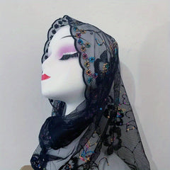 Flower Embroidery Mesh Head Scarf Lace Hijab Ramadan Turban