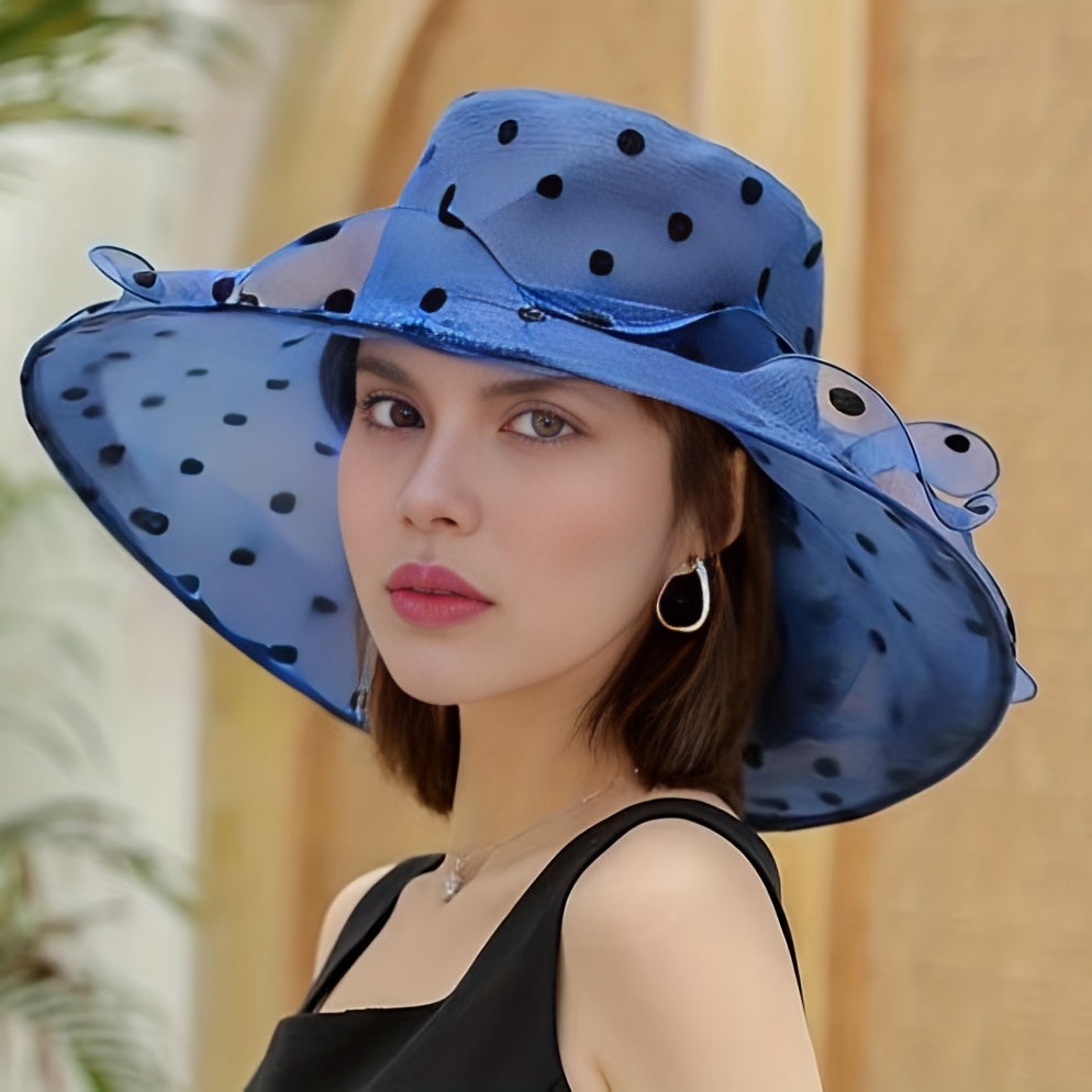 Polka Dot Organza Bucket Hat Wide Brim Lace Derby Hat for Women