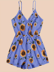 Sunflower Print Cami Romper Jumpsuit V Neck Sleeveless