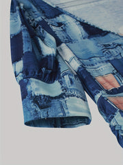 Patchwork Print Wide Leg Jumpsuit Casual Puff Sleeve Jumpsuit