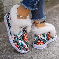 Women's Winter Flats Geometric Pattern Plush Thermal Canvas Shoes