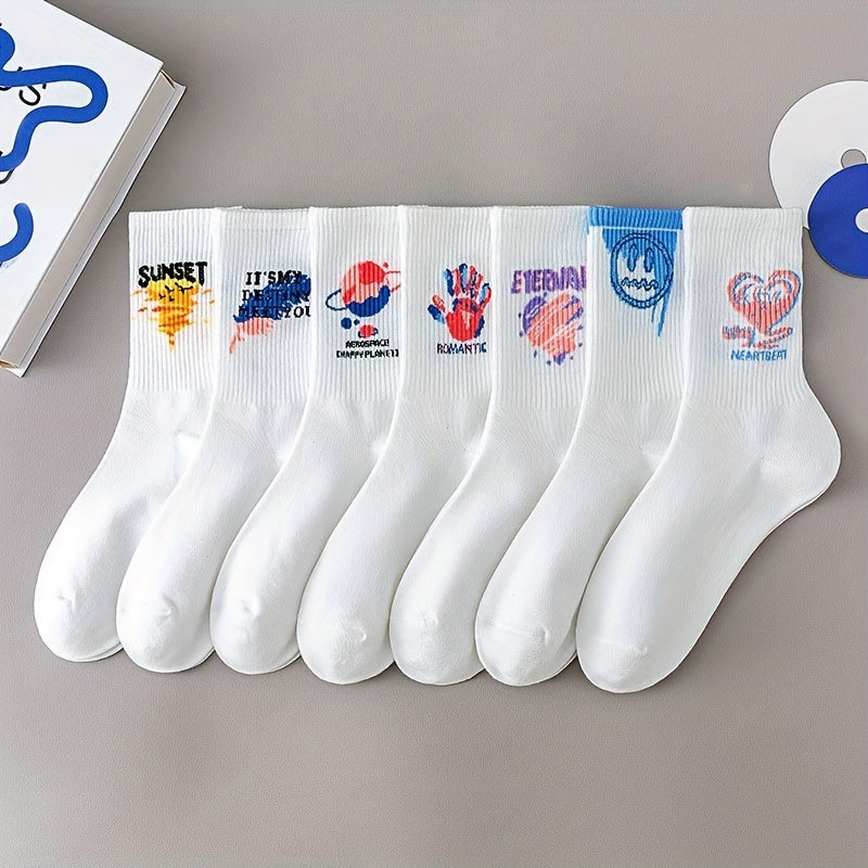 7 Pairs Cartoon Graffiti & Funny Mid Tube Socks Women's Stockings