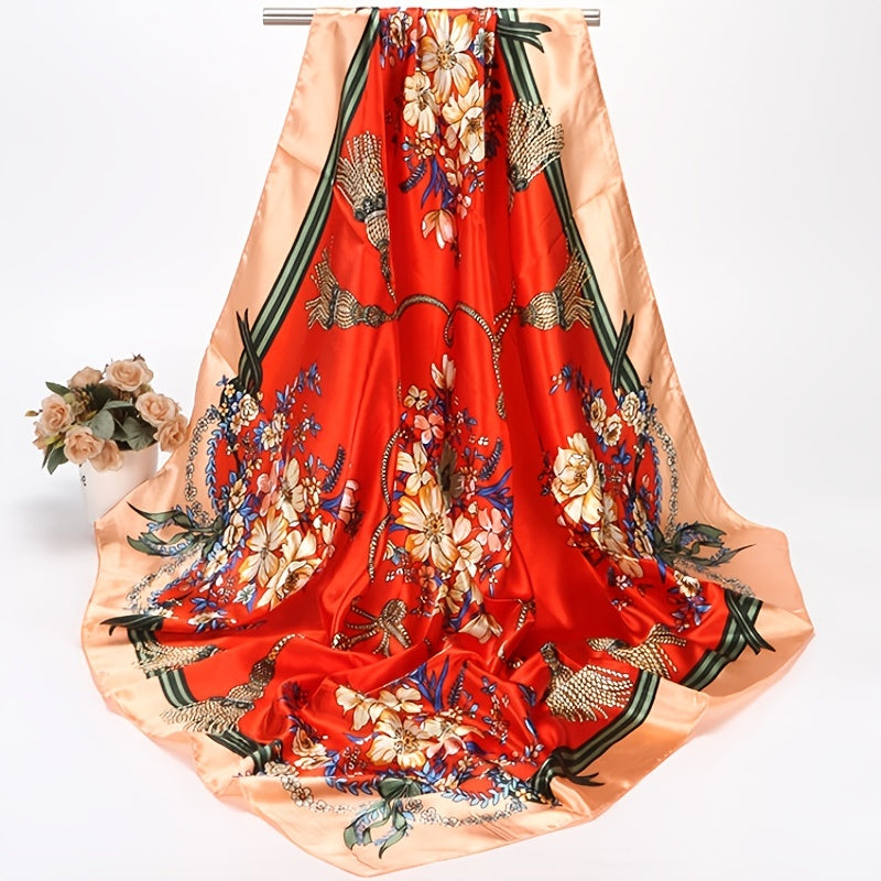 Satin Flower Print Headband Scarf Vintage Warm Shawl for Women