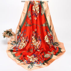 Satin Flower Print Headband Scarf Vintage Warm Shawl for Women