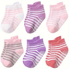 6 Pairs Baby Girl's Non Slip Socks Striped Bottom Rubber Dot Cotton Blend