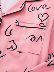 Heart Print Pajama Set Long Sleeve Buttons Top & Pants Women's Sleepwear