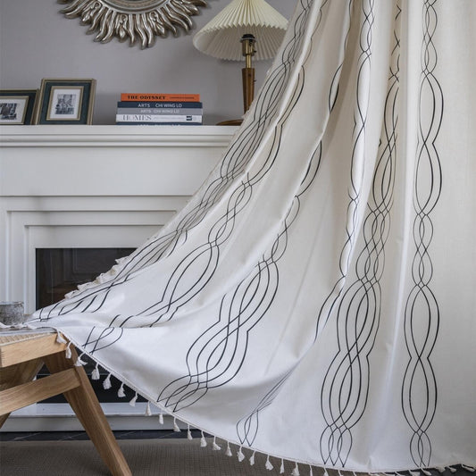 Boho Linen Striped Print Semi Blackout Cream Curtains With Beige Tassel