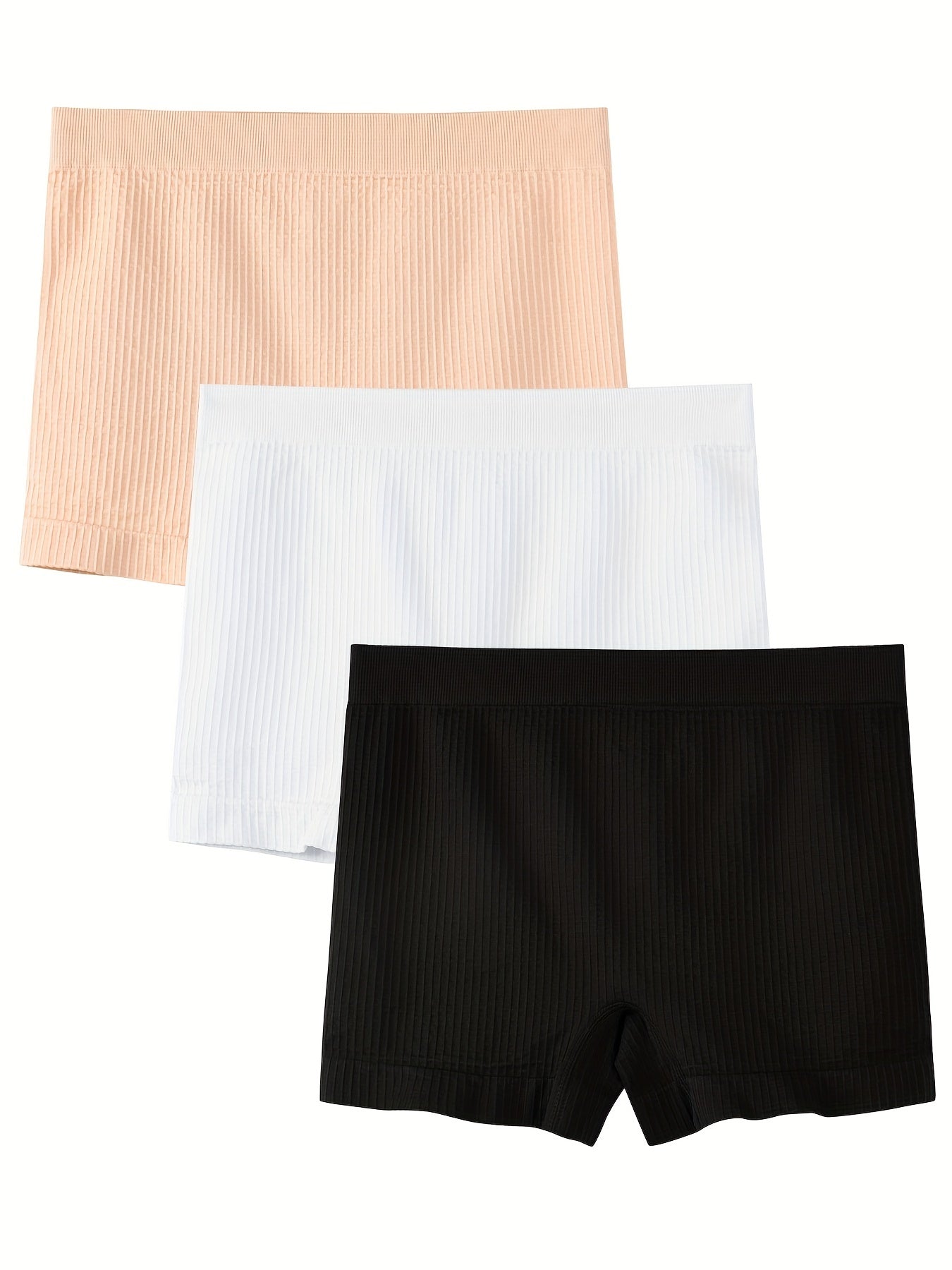3pcs Solid Ribbed Boyshort Panties Soft & Comfortable Mid Rise Stretch Panties