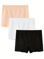 3pcs Solid Ribbed Boyshort Panties Soft & Comfortable Mid Rise Stretch Panties