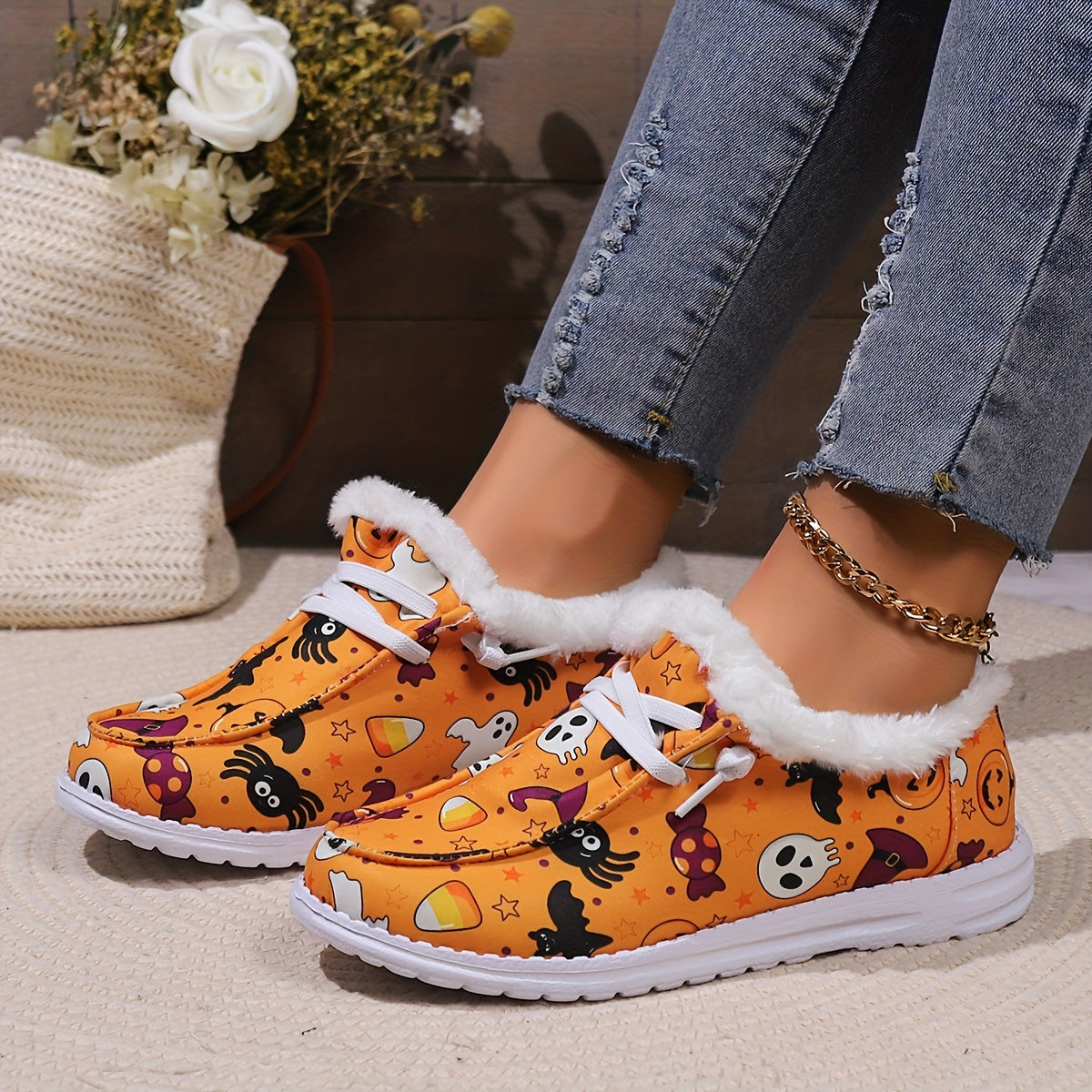 Halloween Horror Cat Pumpkin Print Plush Lined Furry Slip On Sneakers
