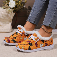 Halloween Horror Cat Pumpkin Print Plush Lined Furry Slip On Sneakers