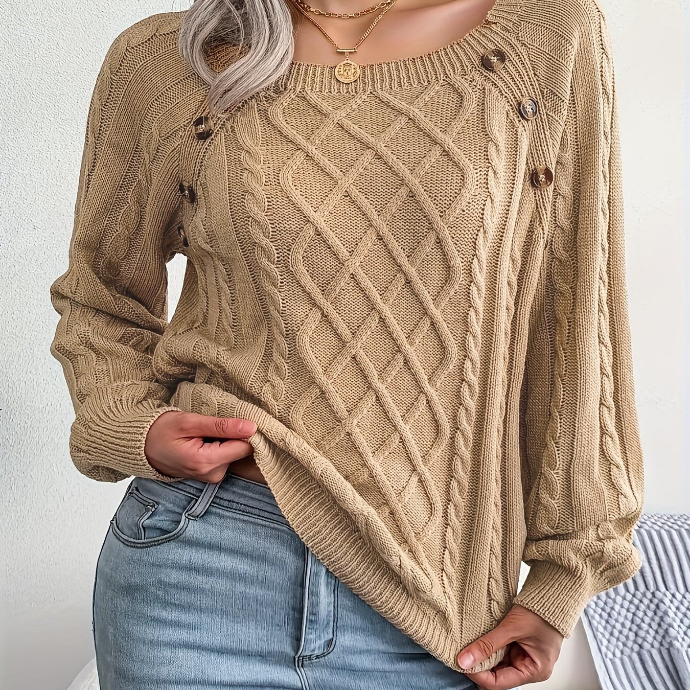 Solid Jacquard Lantern Sleeve Boat Neck Pullover Sweater