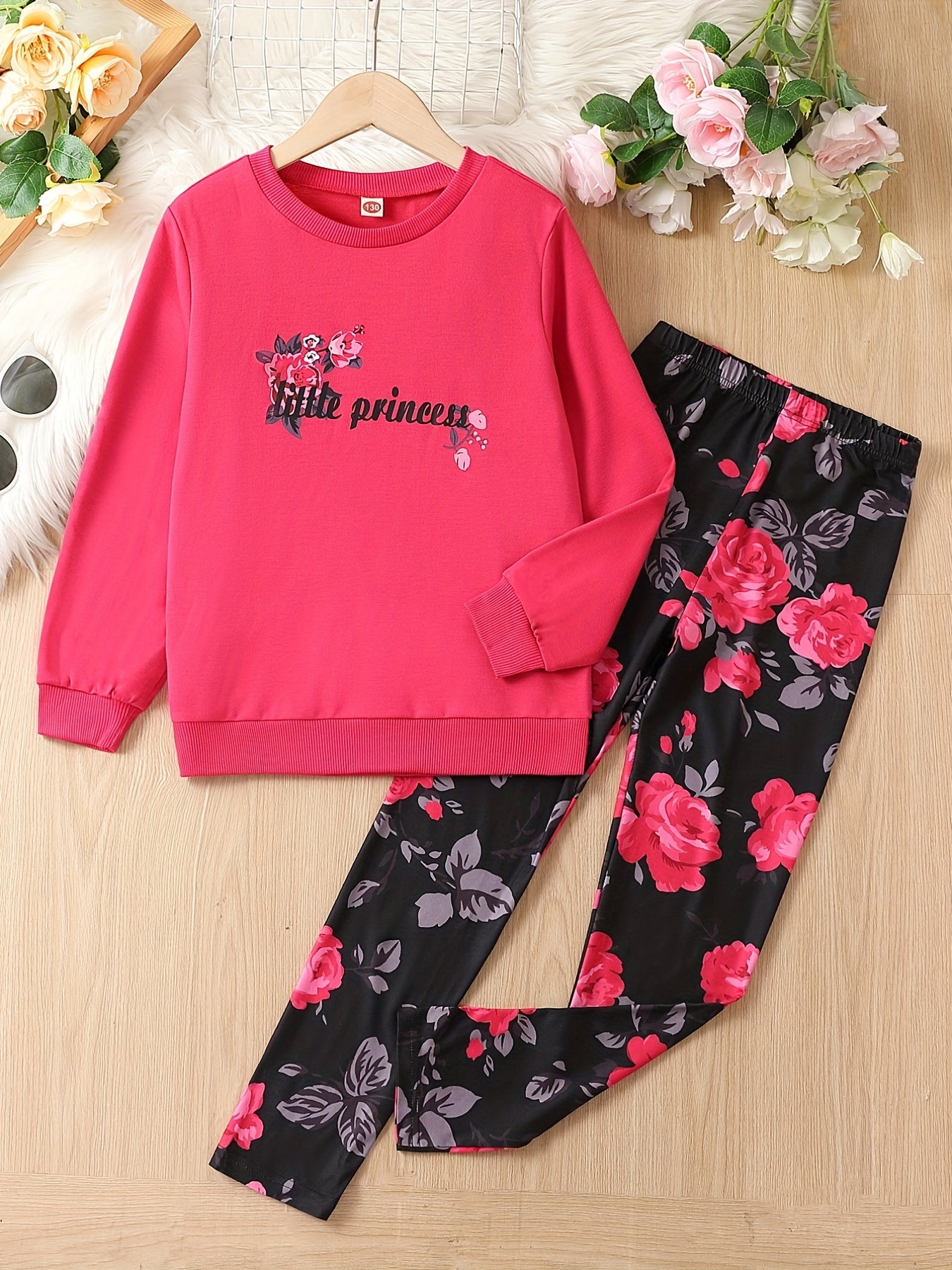 Girl's Floral 2pcs Sweatshirt & Leggings LITTLE PRINCESS Set