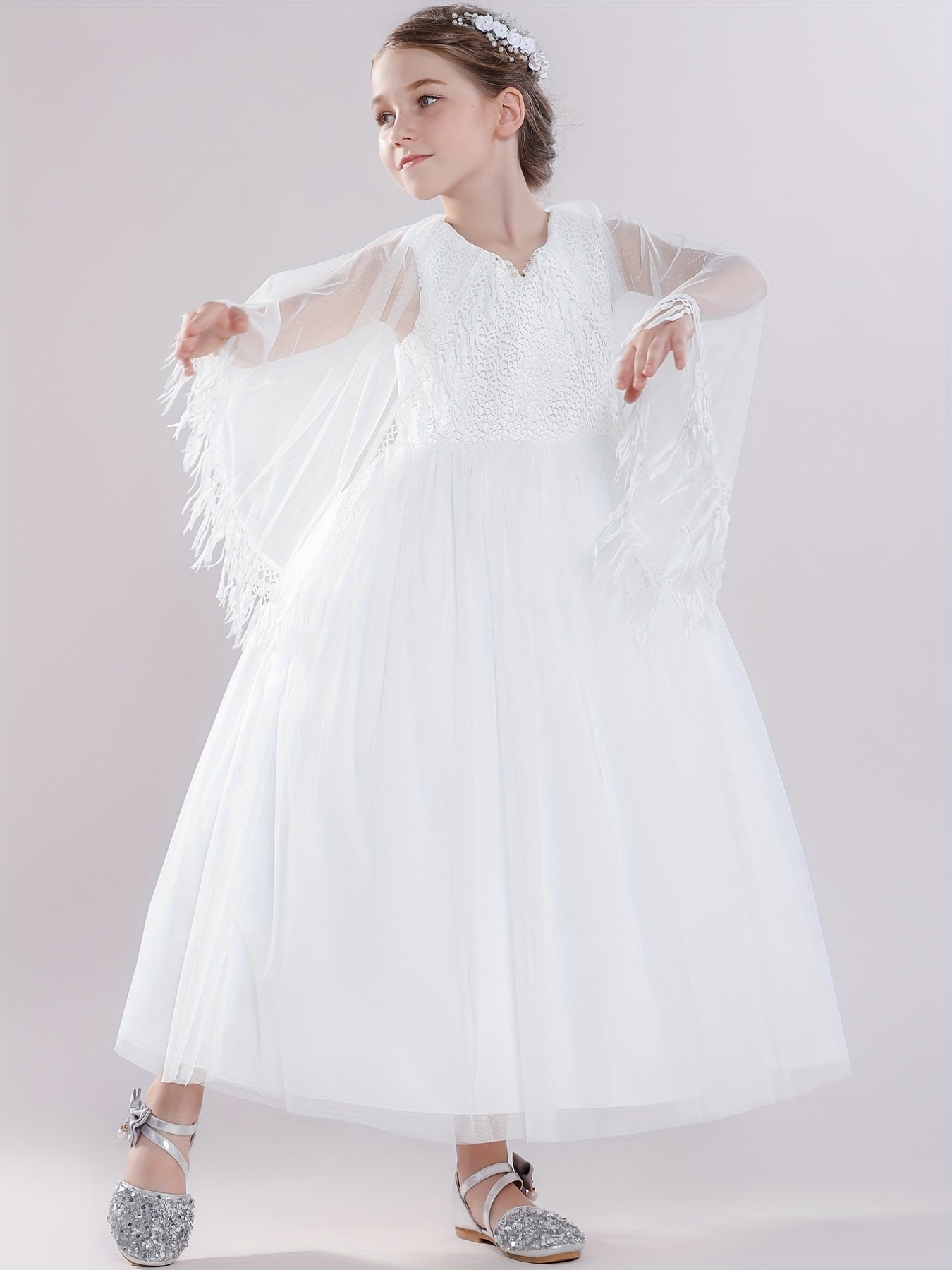 Kids Evening Mesh Tutu Dress With Tassel Lace Fluffy Sleeve Long