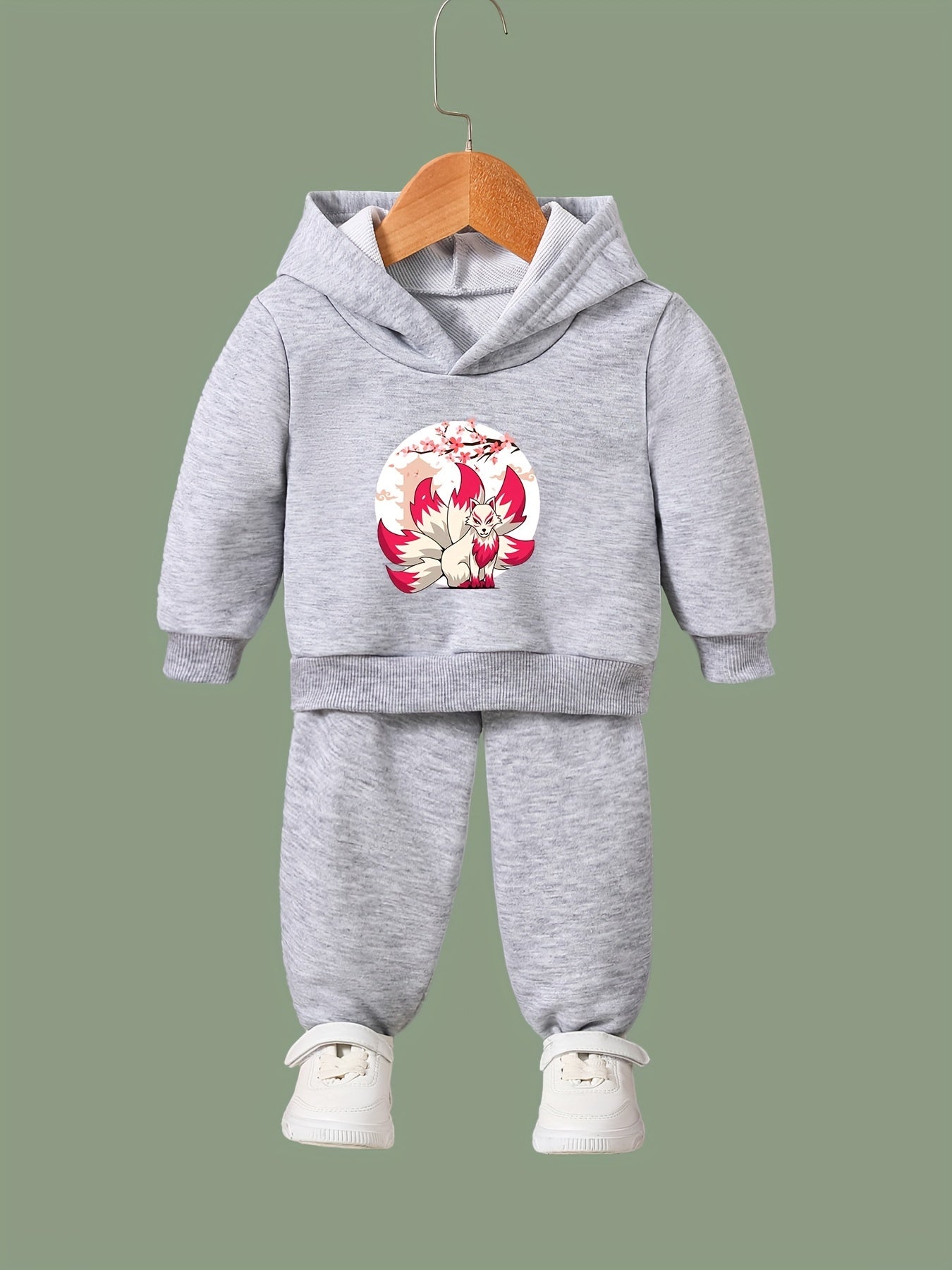 Girls 2pc Fox Pattern Hooded Sweatshirt Solid Sweatpants Set
