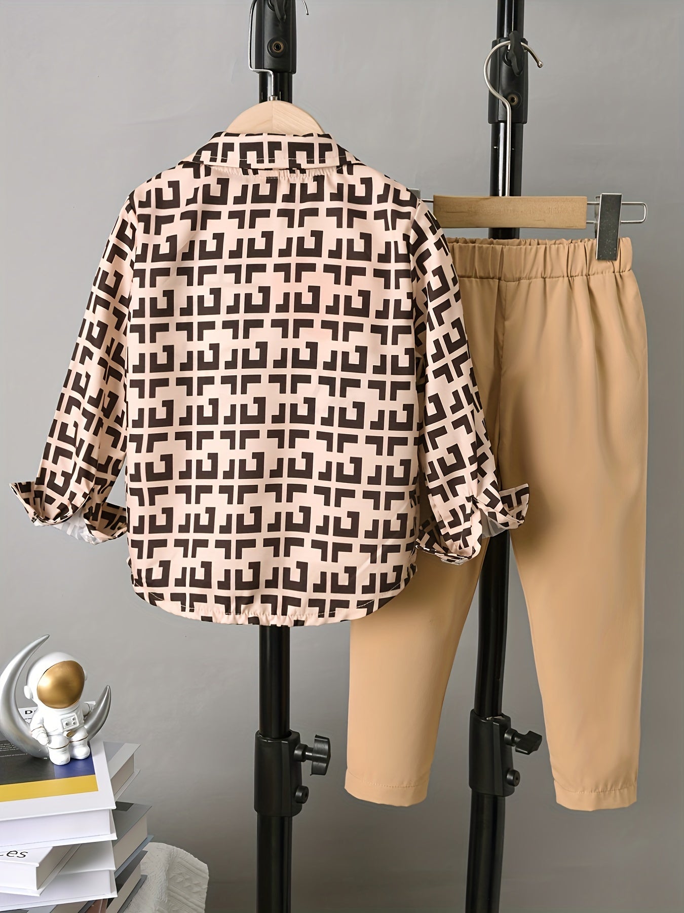 Boy's Geometric Pattern Shirt & Pants Set for Spring Fall