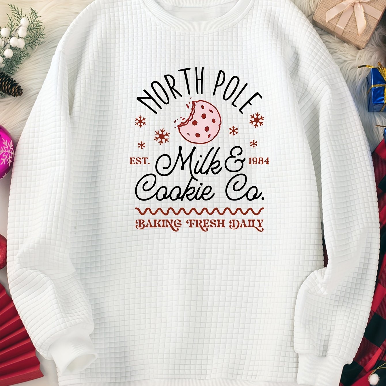 Women's Plus Size Christmas Lounge Top with Cookie & Letter Print