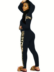 Leopard Print Casual Two piece Set Hooded Tops & Long Length S