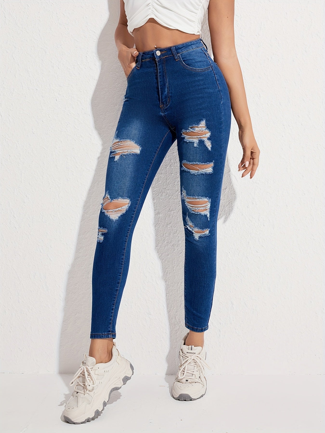 Ripped Holes Skinny Jeans Slim Fit Slash Pockets Slight Stretch