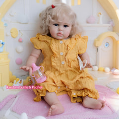 Realistic Reborn Doll Soft Touch Cuddly Girl with Curly Blonde Hair Yellow Dress