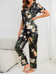Floral Print Pajama Set Short Sleeve Buttons Top & Elastic Waistband Pants