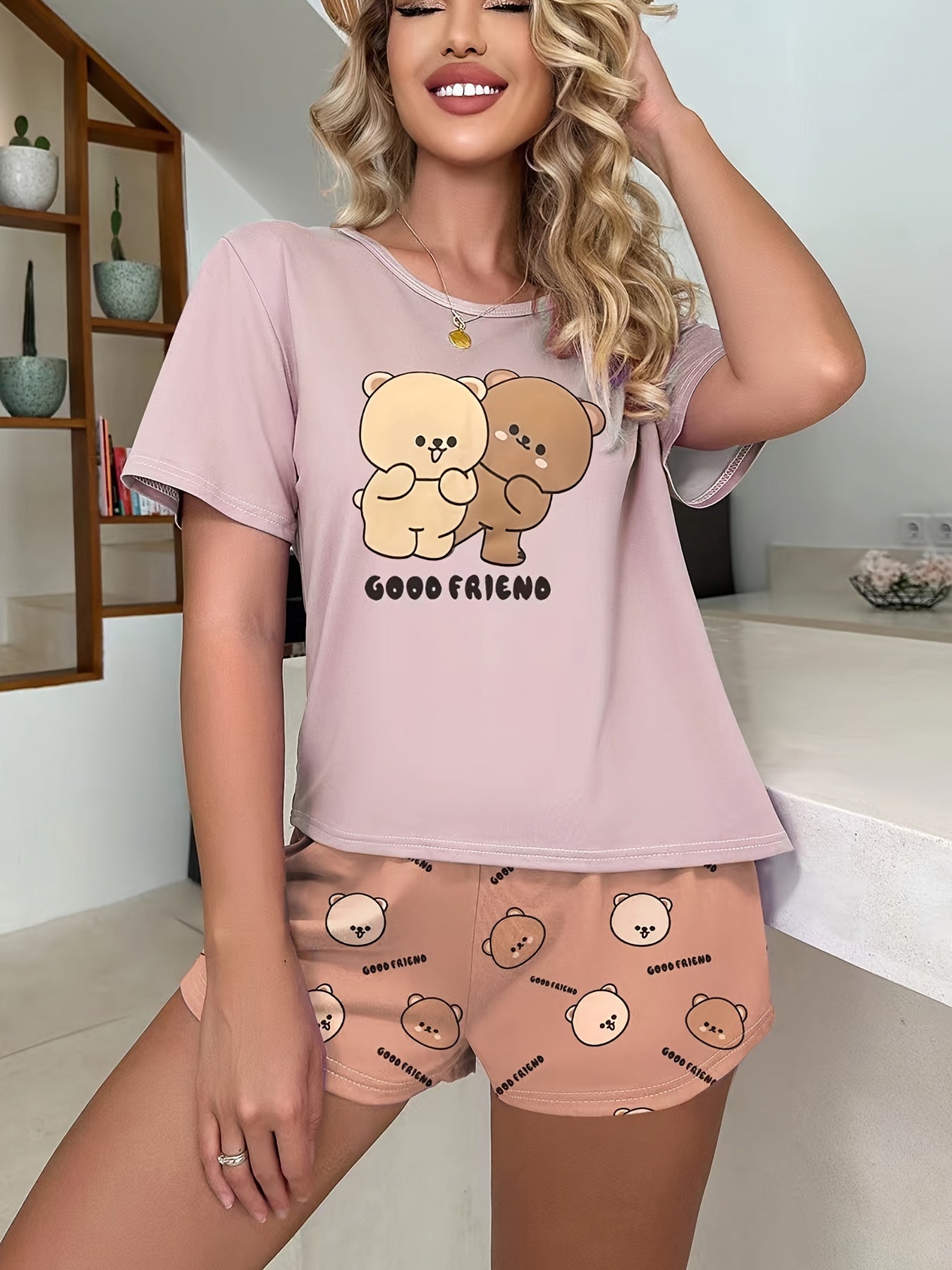Bear Print Pajama Set Short Sleeve Top & Shorts Women's Sleepwear