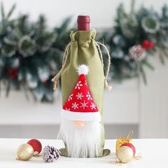 Christmas Linen Wine Bottle Bags Set - Old Man Faceless Doll Red Wine Clothing