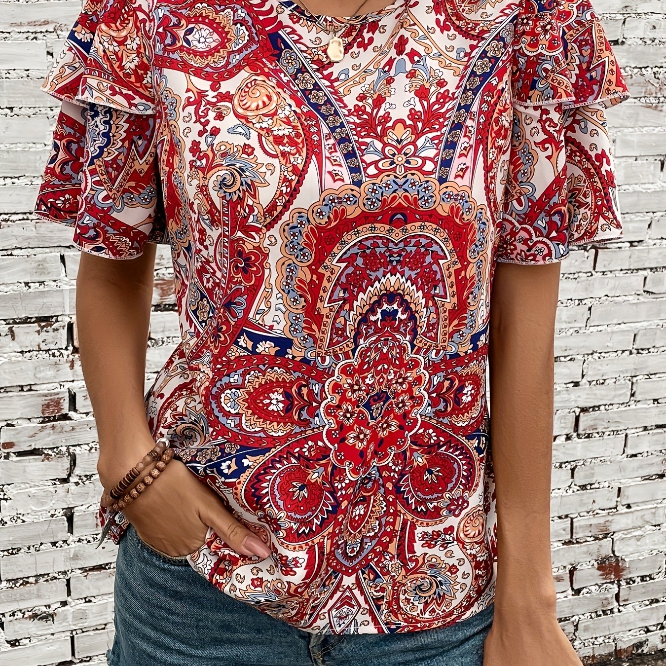 Boho Blouse Women's Plus Floral Print Layered Butterfly Sleeve Top