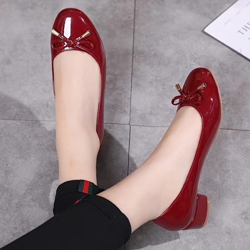 Women's Bowknot Mid Heel Wedding Shoes Soft sole Round Toe PU Leather