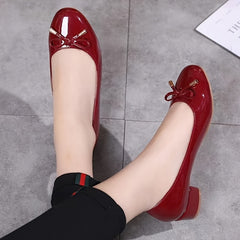 Women's Bowknot Mid Heel Wedding Shoes Soft sole Round Toe PU Leather