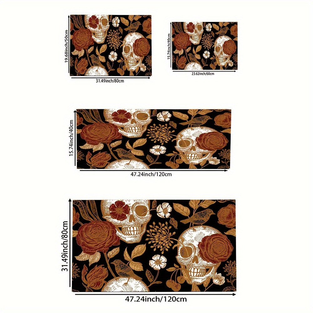 Vintage Skull Flower Print Machine Washable Area Rug - Indoor Use