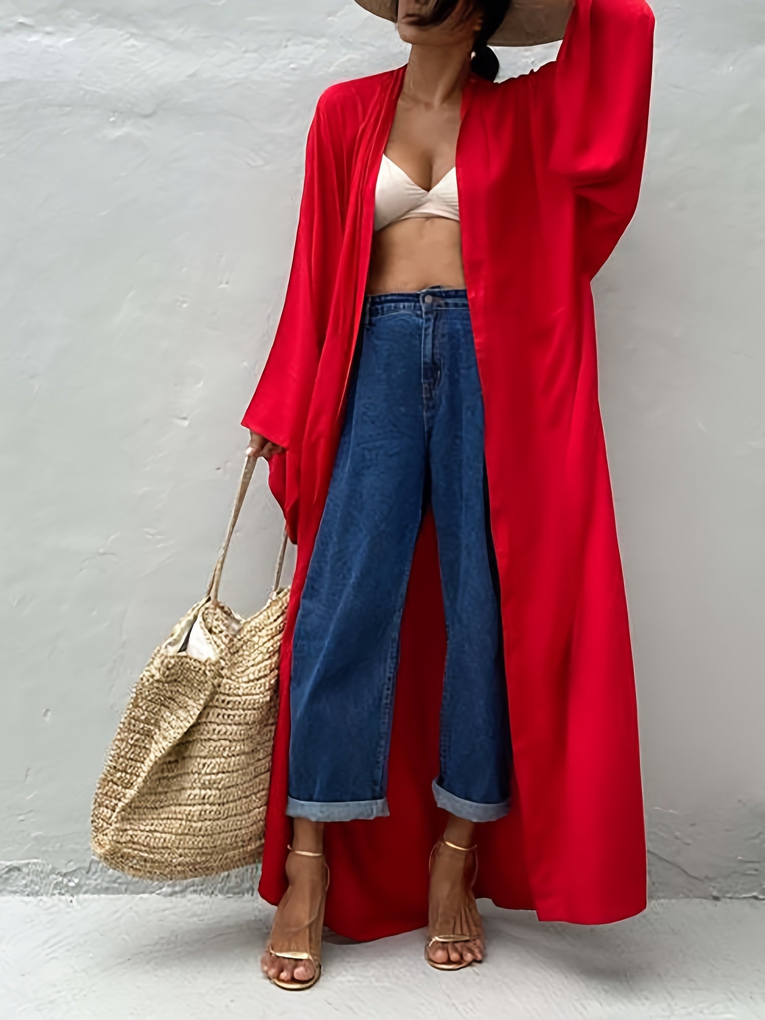 Solid Long Sleeve Belted Kimono Cover Up
