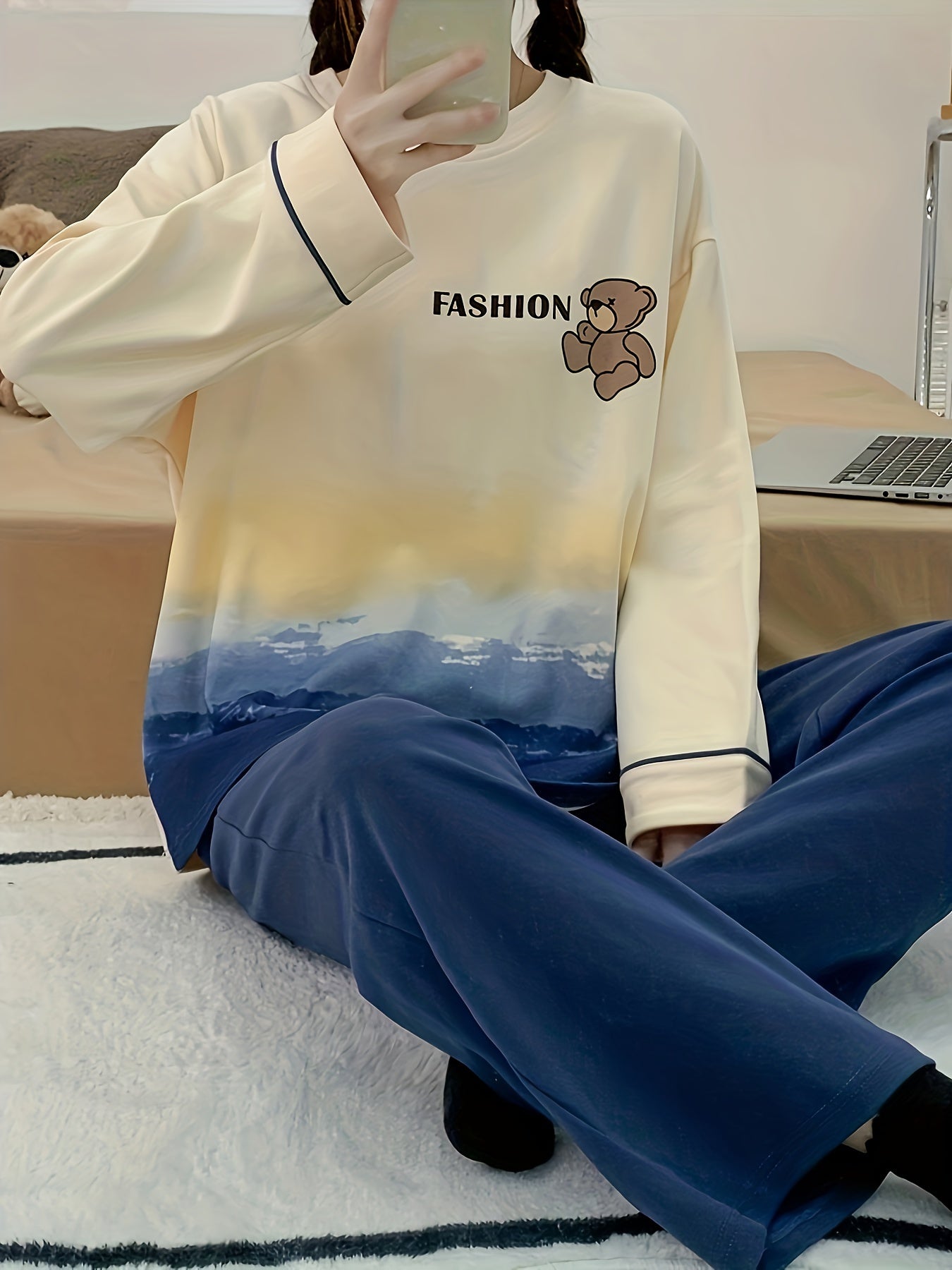 Cartoon Bear Pajama Set Long Sleeve Crew Neck Top & Pants