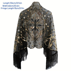 1920s Sequin Beaded Shawl Leaf Embroidery Tassel Cape