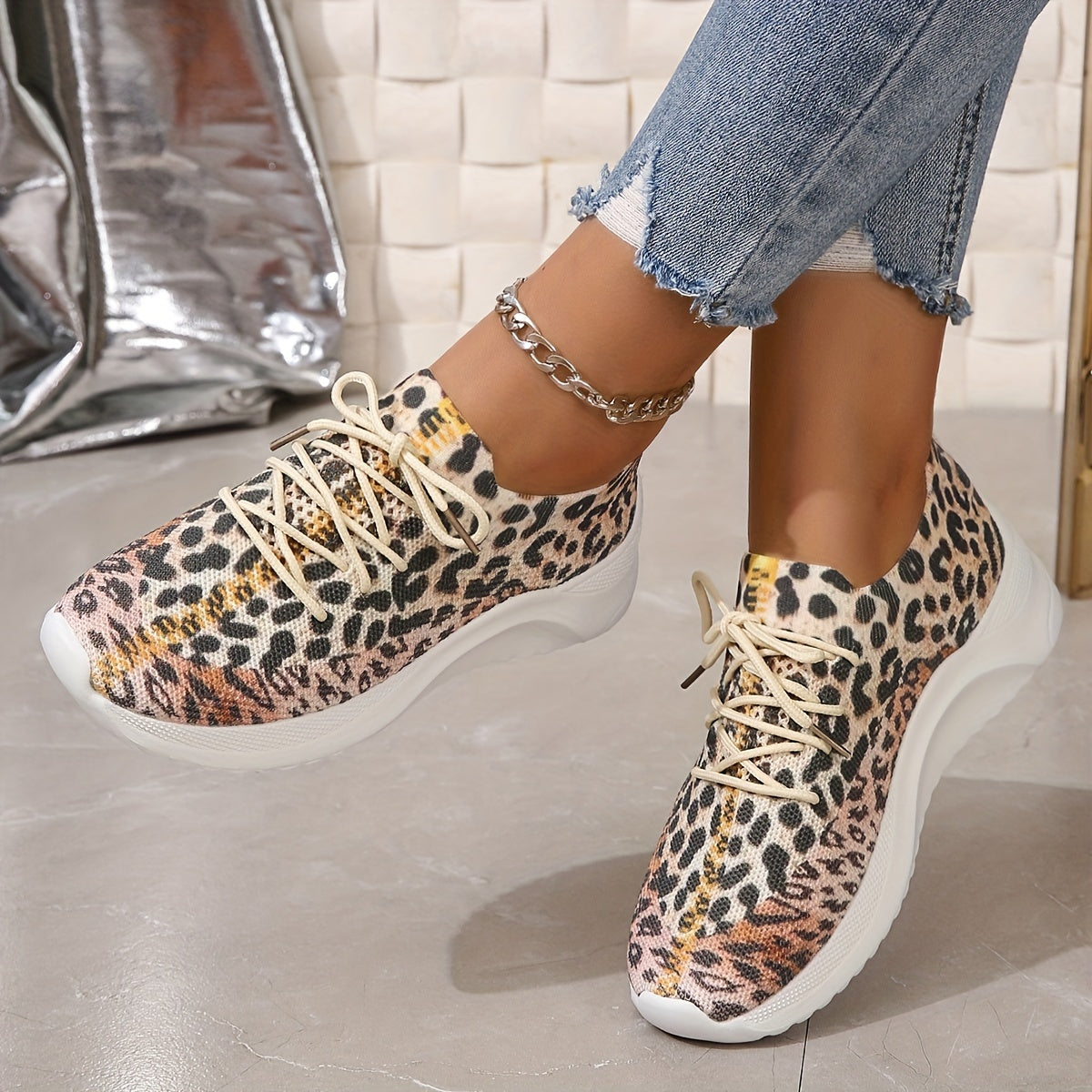 Leopard Print Sock Sneakers Knitted Running Shoes Low Top Sports Shoes