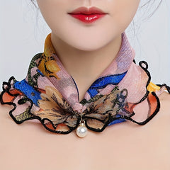Floral Print Infinity Scarf with Faux Pearl Pendant