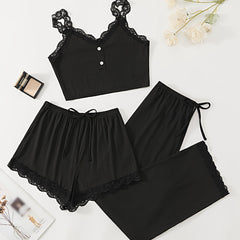 Lace Stitching Lounge Set V Neck Cami Top & Shorts Women's Loungewear